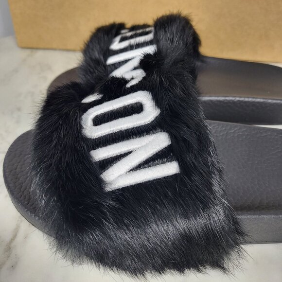 NWB~$825~DSQUARED2~8/8.5~ICON BLACK WHITE GENUINE RABBIT FUR SANDALS SLIDES - Picture 6 of 16